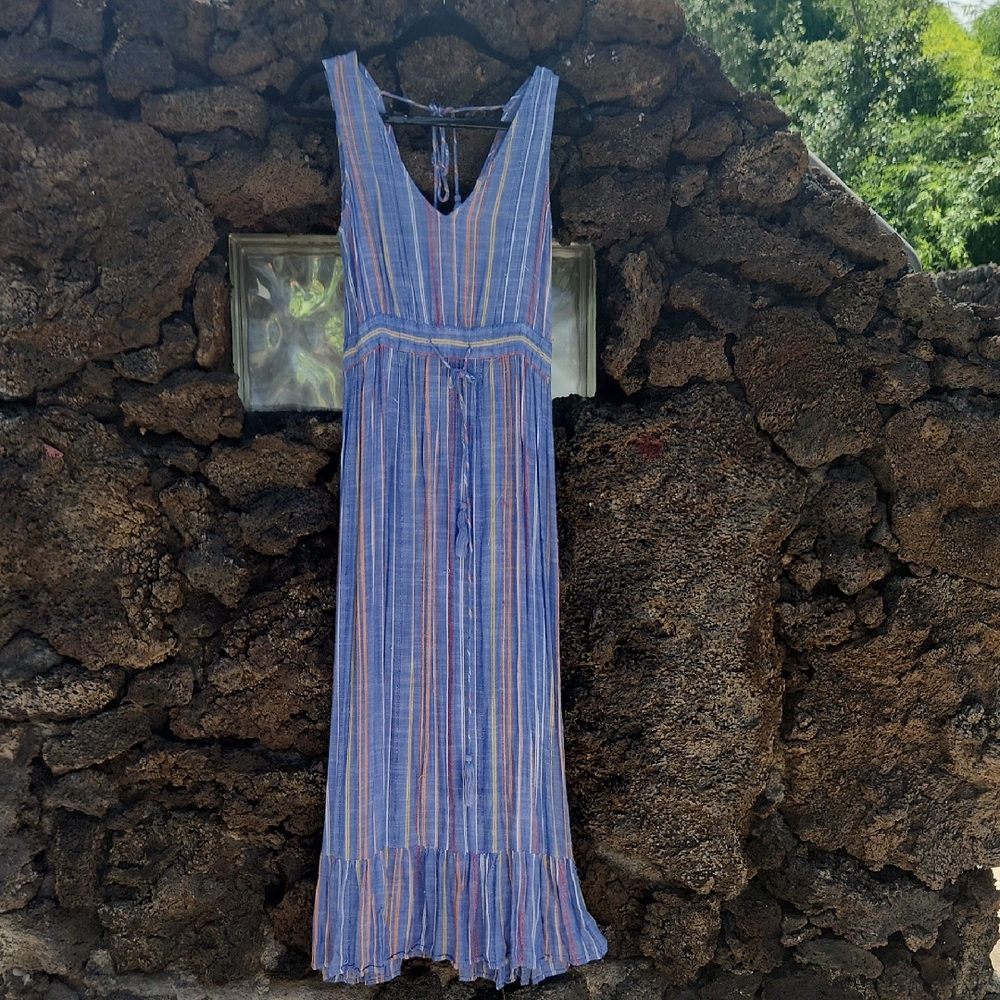 Blue and White Tiered Maxi Sundress with V-Neck